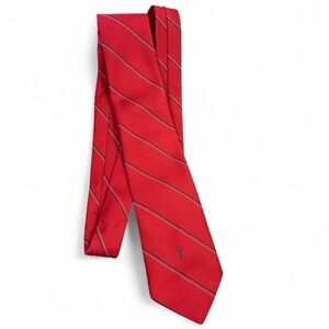 Vintage YSL men’s red tie with blue and white stripes and embroidered logo